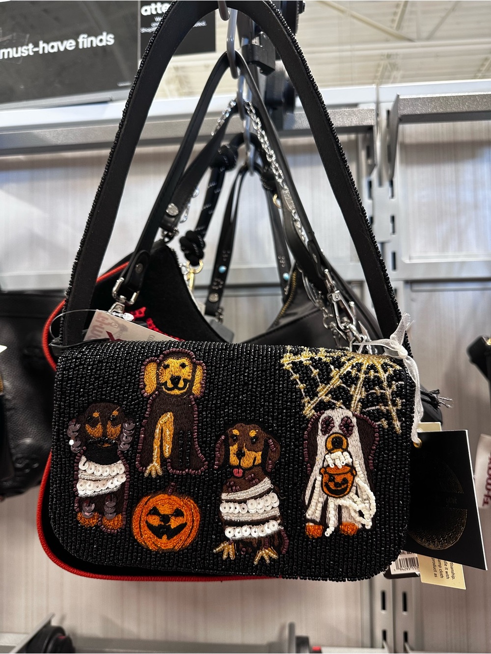Beaded Halloween Dog Appliqué Shoulder Bag - Black